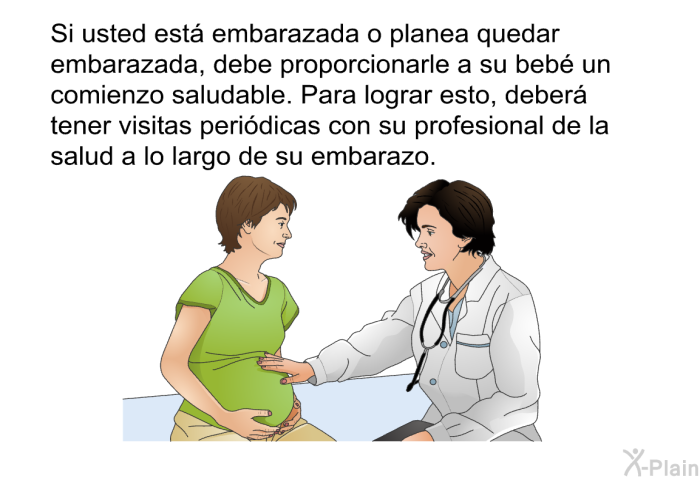 Si usted est embarazada o planea quedar embarazada, debe proporcionarle a su beb un comienzo saludable. Para lograr esto, deber tener visitas peridicas con su profesional de la salud a lo largo de su embarazo.