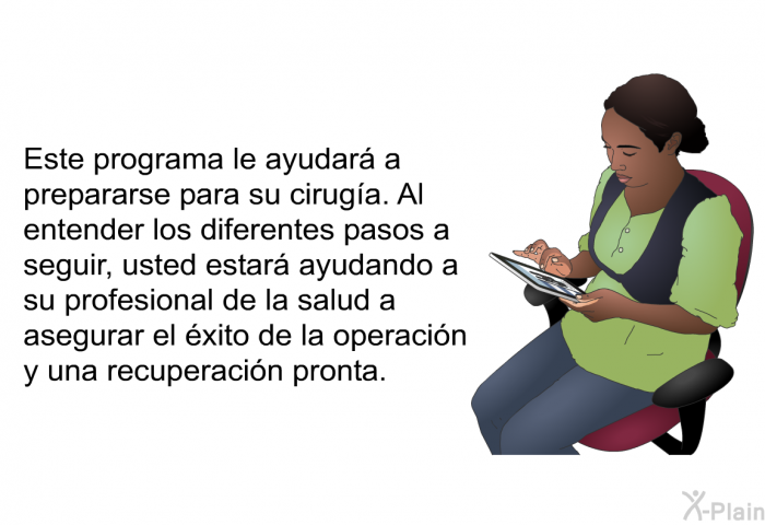 Esta informacin acerca de su salud le ayudar a prepararse para su ciruga. Al entender los diferentes pasos a seguir, usted estar ayudando a su profesional de la salud a asegurar el xito de la operacin y una recuperacin pronta.