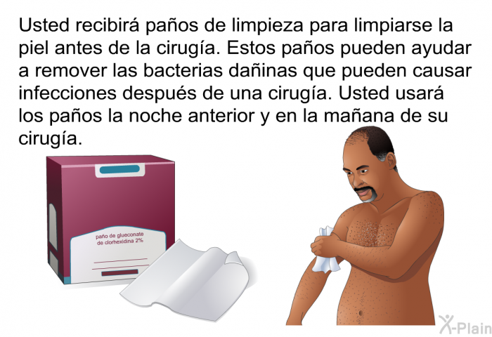 Usted recibir paos de limpieza para limpiarse la piel antes de la ciruga. Estos paos pueden ayudar a remover las bacterias dainas que pueden causar infecciones despus de una ciruga. Usted usar los paos la noche anterior y en la maana de su ciruga.