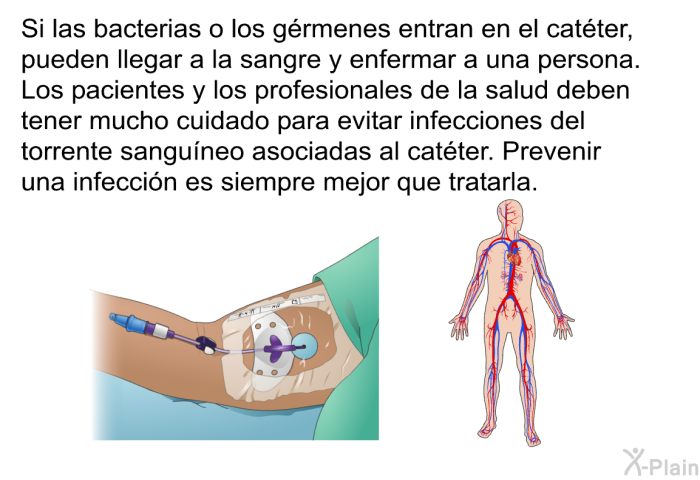 Si las bacterias o los grmenes entran en el catter, pueden llegar a la sangre y enfermar a una persona. Los pacientes y los profesionales de la salud deben tener mucho cuidado para evitar infecciones del torrente sanguneo asociadas al catter. Prevenir una infeccin es siempre mejor que tratarla.