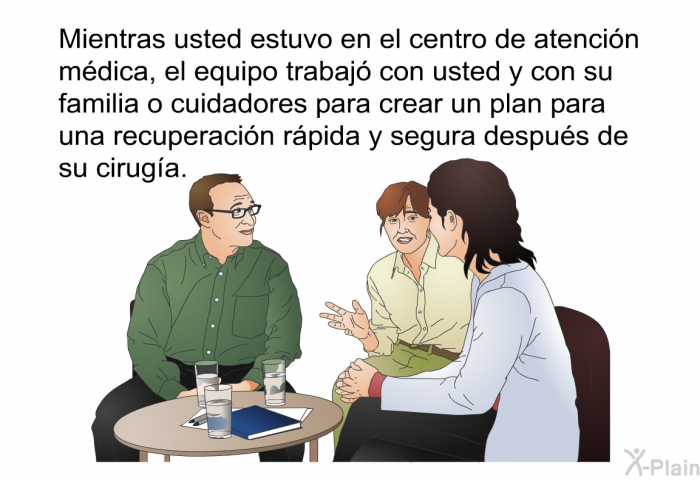 Mientras usted estuvo en el centro de atencin mdica, el equipo trabaj con usted y con su familia o cuidadores para crear un plan para una recuperacin rpida y segura despus de su ciruga.