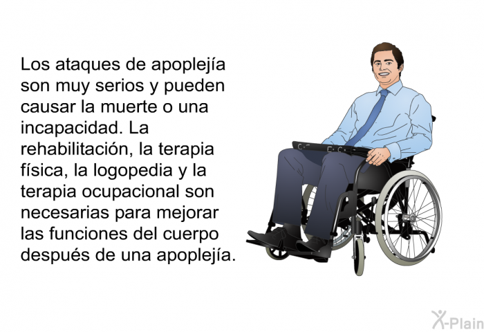 Los ataques de apopleja son muy serios y pueden causar la muerte o una incapacidad. La rehabilitacin, la terapia fsica, la logopedia y la terapia ocupacional son necesarias para mejorar las funciones del cuerpo despus de una apopleja.