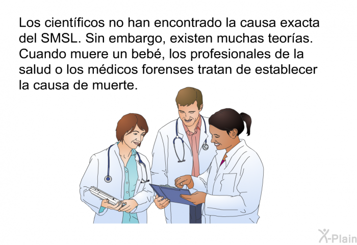 Los cientficos no han encontrado la causa exacta del SMSL. Sin embargo, existen muchas teoras. Cuando muere un beb, los profesionales de la salud o los mdicos forenses tratan de establecer la causa de muerte.