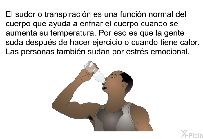 El sudor o transpiracin es una funcin normal del cuerpo que ayuda a enfriar el cuerpo cuando se aumenta su temperatura. Por eso es que la gente suda despus de hacer ejercicio o cuando tiene calor. Las personas tambin sudan por estrs emocional.