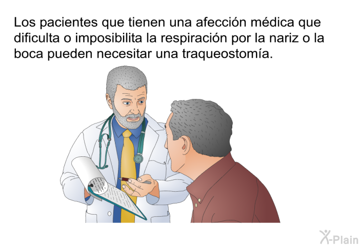 Los pacientes que tienen una afeccin mdica que dificulta o imposibilita la respiracin por la nariz o la boca pueden necesitar una traqueostoma.