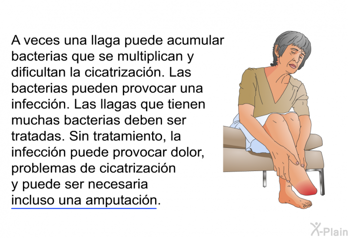 A veces una llaga puede acumular bacterias que se multiplican y dificultan la cicatrizacin. Las bacterias pueden provocar una infeccin. Las llagas que tienen muchas bacterias deben ser tratadas. Sin tratamiento, la infeccin puede provocar dolor, problemas de cicatrizacin y puede ser necesaria incluso una amputacin.