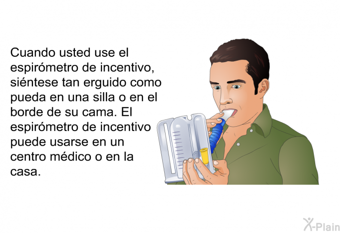 Cuando usted use el espirmetro de incentivo, sintese tan erguido como pueda en una silla o en el borde de su cama. El espirmetro de incentivo puede usarse en un centro mdico o en la casa.