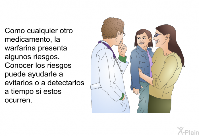 Como cualquier otro medicamento, la warfarina presenta algunos riesgos. Conocer los riesgos puede ayudarle a evitarlos o a detectarlos a tiempo si estos ocurren.