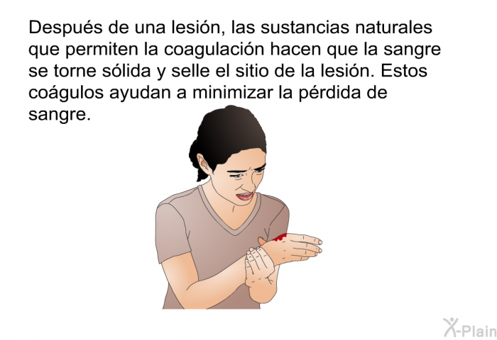 Despus de una lesin, las sustancias naturales que permiten la coagulacin hacen que la sangre se torne slida y selle el sitio de la lesin. Estos cogulos ayudan a minimizar la prdida de sangre.