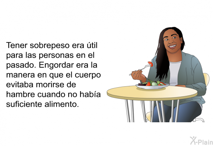 Tener sobrepeso era til para las personas en el pasado. Engordar era la manera en que el cuerpo evitaba morirse de hambre cuando no haba suficiente alimento.